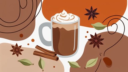 Warm Spice Delight: A captivating illustration featuring a mug of coffee complemented by cinnamon sticks, star anise, and cardamom, set against a backdrop of abstract design. - Powered by Adobe