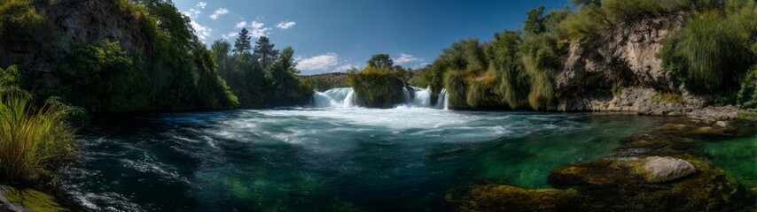 Fototapeta premium Waterfall adventure in nature hdr panoramic view serene environment