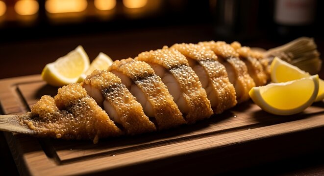 Ventrecha de Pacu (fish) deep-fried served with lemon wedges. Golden crust bar light.