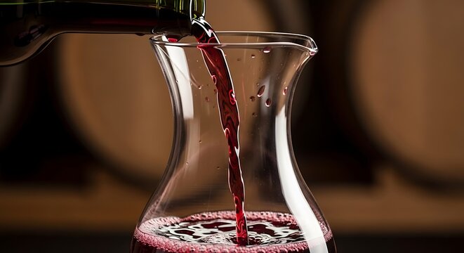 Vinho tinto (red wine) being decanted into a glass carafe. Focus on rich color.