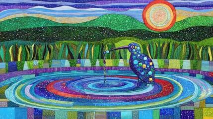 Fototapeta premium A colorful illustration of a hummingbird perched on water with a sun in the background. The scene is vibrant and whimsical.