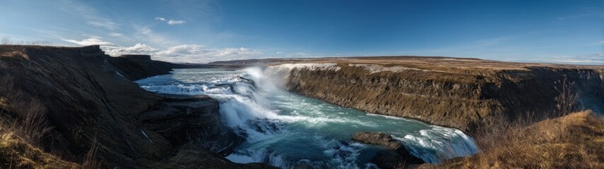 Fototapeta premium Gullfoss waterfall hdr panoramic view iceland nature landscape scenic environment