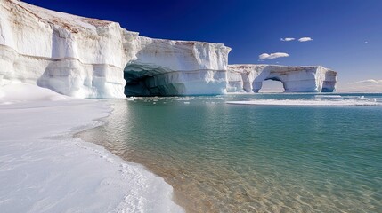 Scenic view of ice cliffs and a natural sea arch along a coastline with turquoise water under a bright blue sky. The scene is illuminated by sunlight.