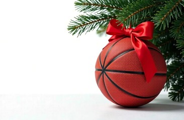 Basketball under Christmas tree with red ribbon. New Year's advertising banner for store selling sporting goods. Poster for basketball match. White background. Blank space for text. Copy space.