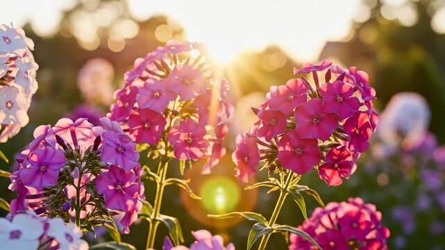 Vibrant pink flowers bloom abundantly under the warm sunlight, creating a stunning display of color in the garden. Bees buzz around the blossoms, adding life to the tranquil scene.