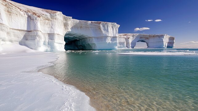 Scenic view of ice cliffs and a natural sea arch along a coastline with turquoise water under a bright blue sky. The scene is illuminated by sunlight.