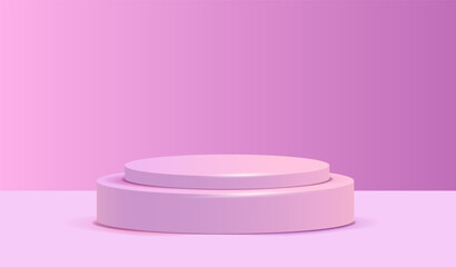 3d purple podium. Volumetric pedestal for advertising. Showcase for product placement and marketing. Graphic element for website. Realistic vector illustration