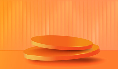 3d orange podium. Trendy showcase for product placement. Two volumetric cylinders. Space for presentation. Advertising and marketing. Poster or banner. Realistic vector illustration