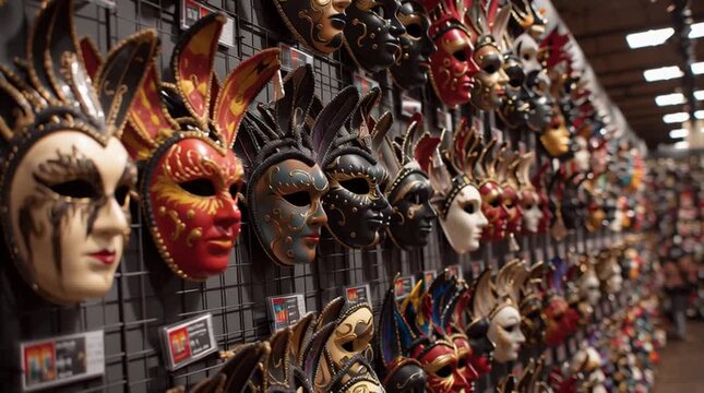 Assortment of venetian masks displayed on a wall with elaborate details