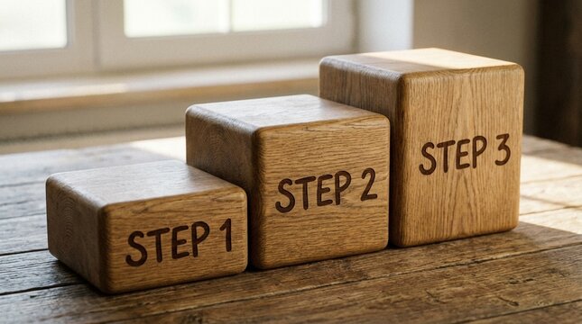 Ascending wooden blocks marked 'STEP 1, 2, 3' symbolizing progress, stages, planning, and achieving business success.