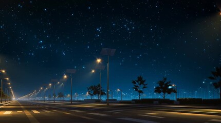 Empty road illuminated by street lights under a starry night sky view