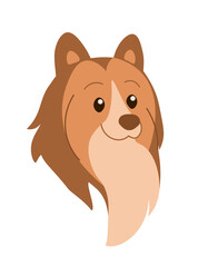 Domestic dog sticker. Adorable brown fluffy puppy. Cute friend and companion. Animal head for website icon. Pet care. Flat vector illustration