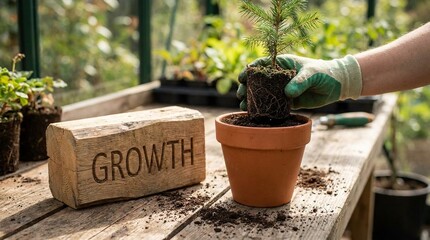 Gloved hand carefully planting young tree seedling into pot, with wooden 'GROWTH' sign.