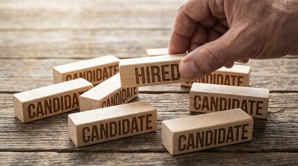 Hand selecting 'Hired' block from pile of 'Candidate' blocks, symbolizing successful recruitment and job placement.