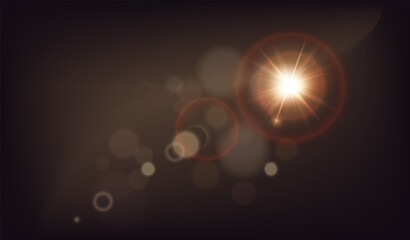 Light on black. Flare and glow. Shiny spark and glitter. Sunlight, sunburst and sunbeam. Yellow spotlight ray. Camera effect for overlay. Realistic vector illustration