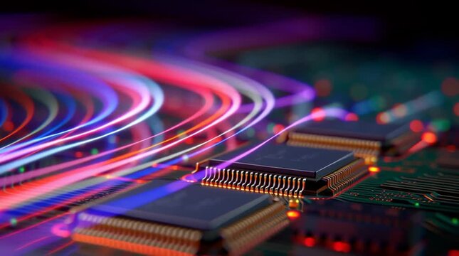 Close up of computer chips on a circuit board with colorful light trails