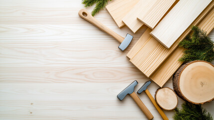 Woodworking tools and timber on light wood background