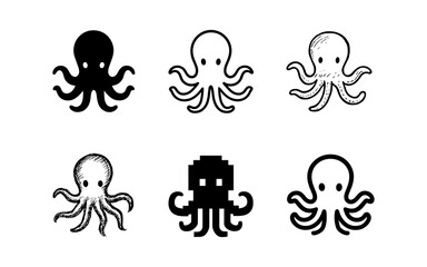 Obraz premium Octopus icons: diverse styles of sea creatures in silhouette, pixel, and line art