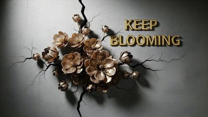 A motivational composition displaying golden flowers emerging from a cracked wall, accompanied by the gilded words 'Keep Blooming', conveying a message of perseverance and growth 