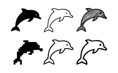 Naklejka premium Various dolphin designs: silhouette, linear, sketch, pixel and outline styles