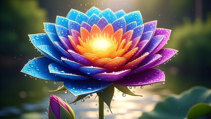 A vibrant and stylized lotus flower blooms with petals transitioning from blue to orange to purple, adorned with shimmering water droplets, creating a magical and ethereal feel 