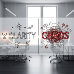 A visual representation contrasting the concepts of clarity and chaos is displayed in a modern office space, illustrating opposing states of mind and their effects on productivity 