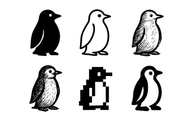 Obraz premium Diverse penguin designs: silhouette, sketch, pixel, and line art styles for creative projects
