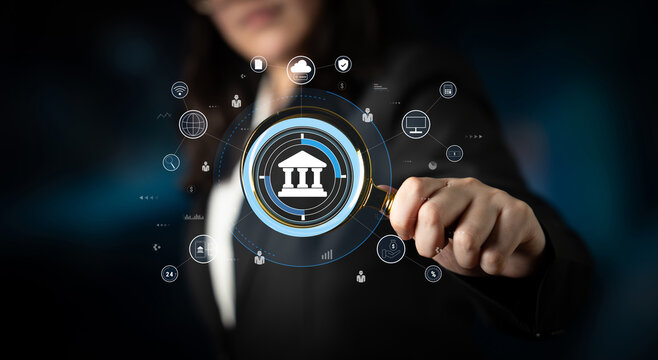 A global FinTech and digital banking network technology concept. A central financial system connected to the worldwide digital economy and services. Motif