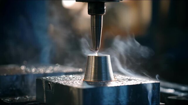 Medium shot of laser cladding layered technique on metal forging creating refined surface textures with vibrant molten layers and precise laser beam application.