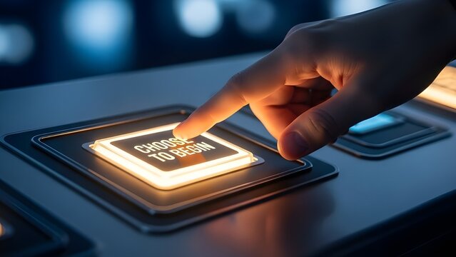 A finger gently presses an illuminated 'Choose to Begin' button on a sleek, futuristic interface, conveying a sense of anticipation and initiation with a captivating blue and golden color palette.