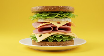 Tall layered sandwich with ham cheese lettuce on white plate yellow background bread