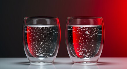 Two clear glasses filled with sparkling water and red light reflection two glasses double wall glass
