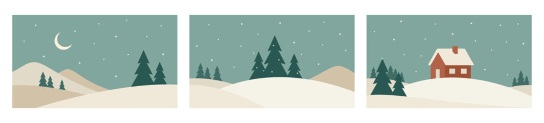 Minimalistic winter night landscape illustrations. Vector art in Scandinavian style. Hand drawn original images