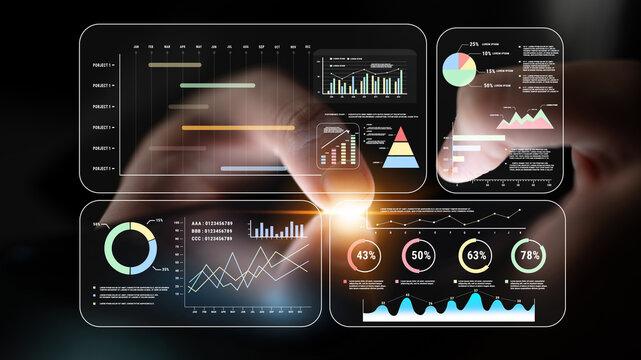 A project management dashboard with business performance analytics. A visualization of project timelines, KPIs, and company data for strategic review. Motif - Powered by Adobe