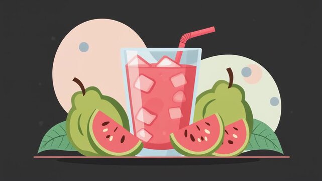 Guava Drink Illustration: Refreshing guava drink in a glass with ice cubes, surrounded by whole and sliced guavas. The illustration offers a burst of color and vibrant appeal.