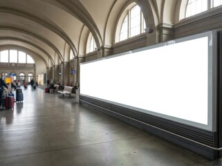 Obraz premium Blank billboard in a train station with arched ceilings and people walking by.