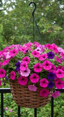 Pink and purple petunias in a woven hanging basket on a railing flower magenta
