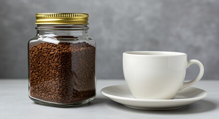 Glass jar of instant coffee next to white ceramic cup and saucer coffee granules