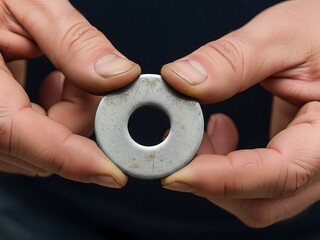Hands displaying a metal washer, emphasizing its centrality and solidity