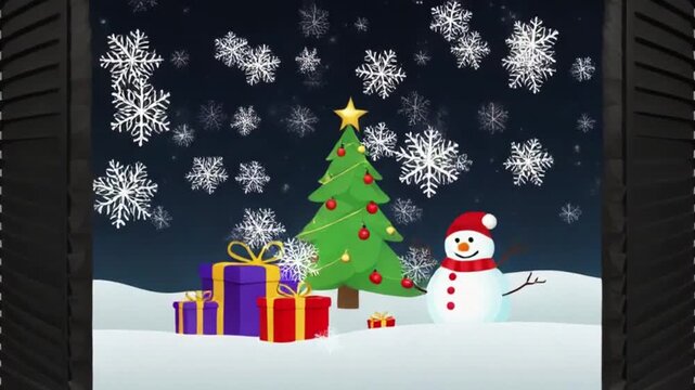 Black slats sliding upward revealing snowflakes, Christmas tree, snowman, gifts for festive