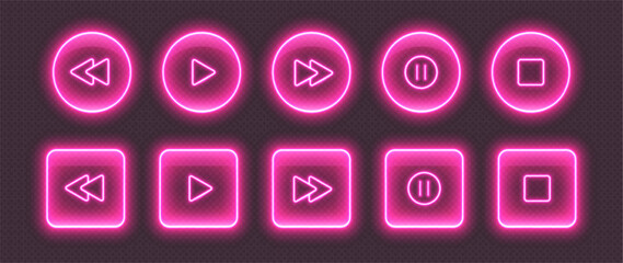 Neon media player buttons. Pink glowing glossy audio control icons. Interface elements for music or video streaming service. Vector illustration. © Likanaris