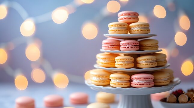 Tiered macaron display with bokeh lights