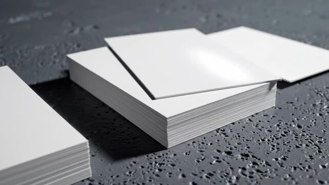 Clean white business card stacks on textured surface with copy space