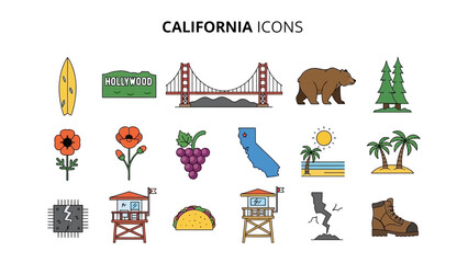 Fototapeta premium California Icons A Collection of Vector Illustrations Featuring Landmarks, Nature, and Culture