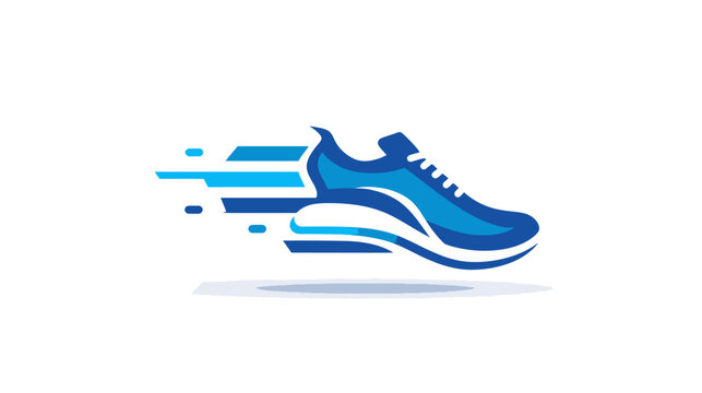 Dynamic blue running shoe icon with speed lines, symbolizing fast movement, athletic performance, and fitness on white.