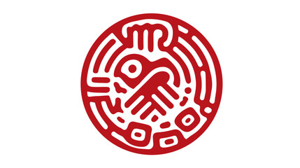 Red circular ancient ethnic symbol, abstract bird or eagle design, tribal cultural graphic art