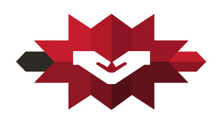 Abstract graphic design featuring two hands forming a heart shape within a red geometric starburst pattern, symbolizing care and support.
