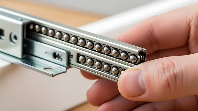 Close-up of Hand Examining Precision Ball Bearing Drawer Slide Mechanism