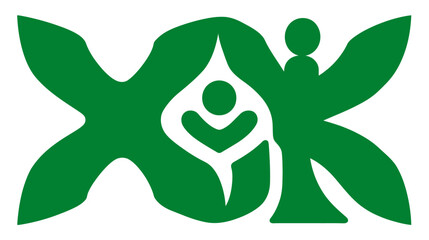 Abstract Green Graphic Symbol of Interconnected Human Figures, Growth, and Community Support with Stylized Hands and Plant