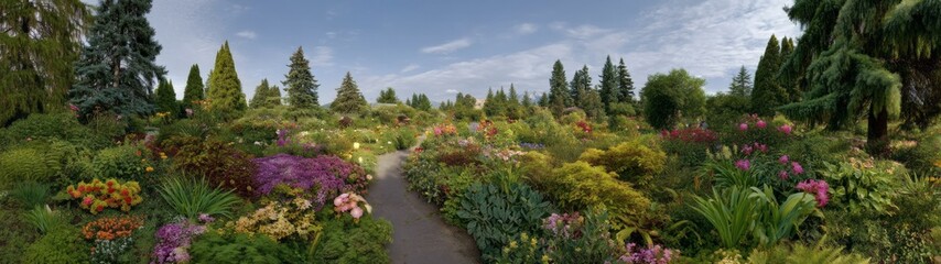 Obraz premium Vibrant floral garden panorama in full hdr glory lush green environment